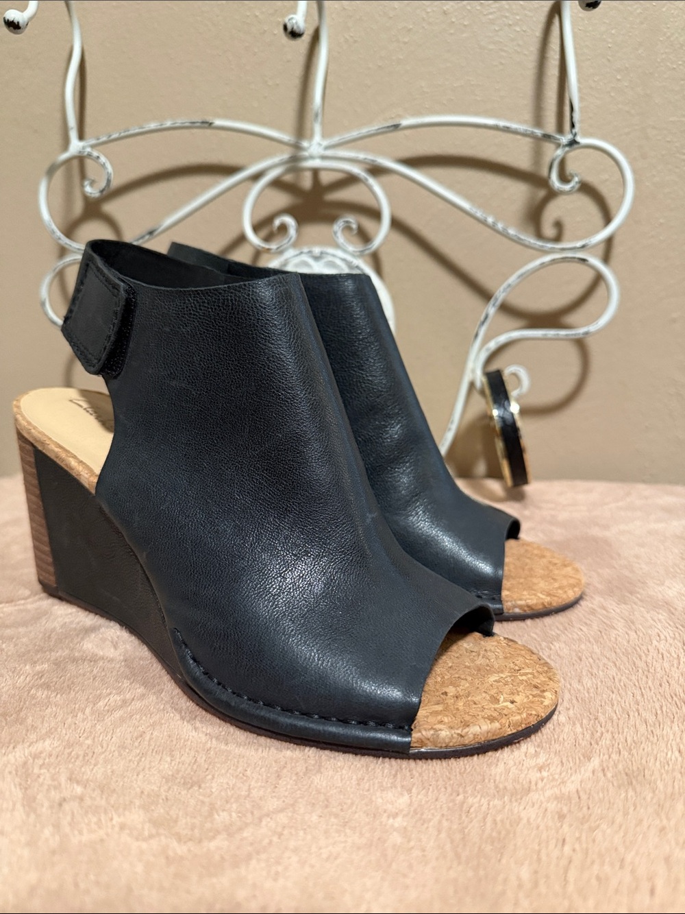 Clarks Black Open-Toe Wedge Sandals with Cork Inset with bracelet